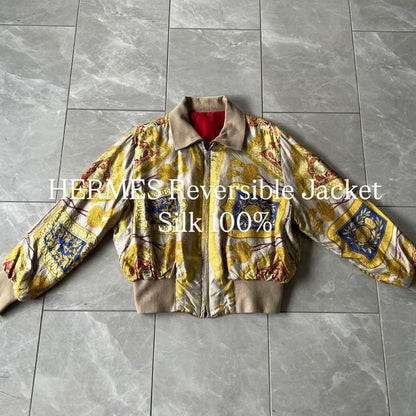 Hermes Vintage 80s Reversible Bomber Jacket Silk Red Authentic Rare Size 40/46