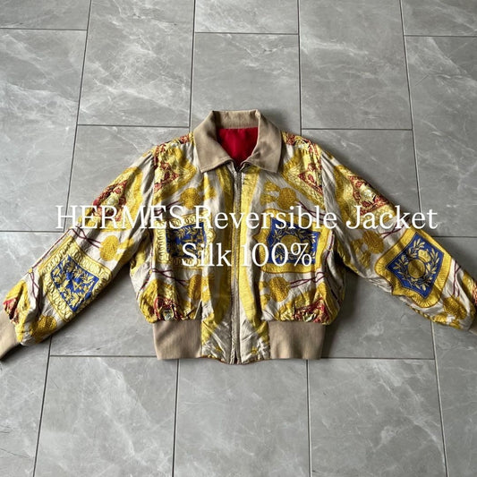 Hermes Vintage 80s Reversible Bomber Jacket Silk Red Authentic Rare Size 40/46