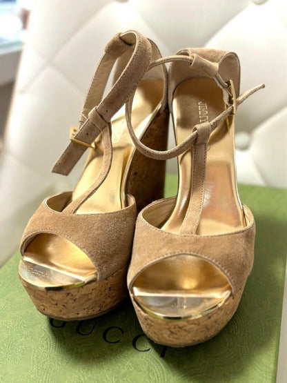 Jimmy Choo Wedge Sole Sandals Open Toe Leather Beige Size 35 US About5 For Women