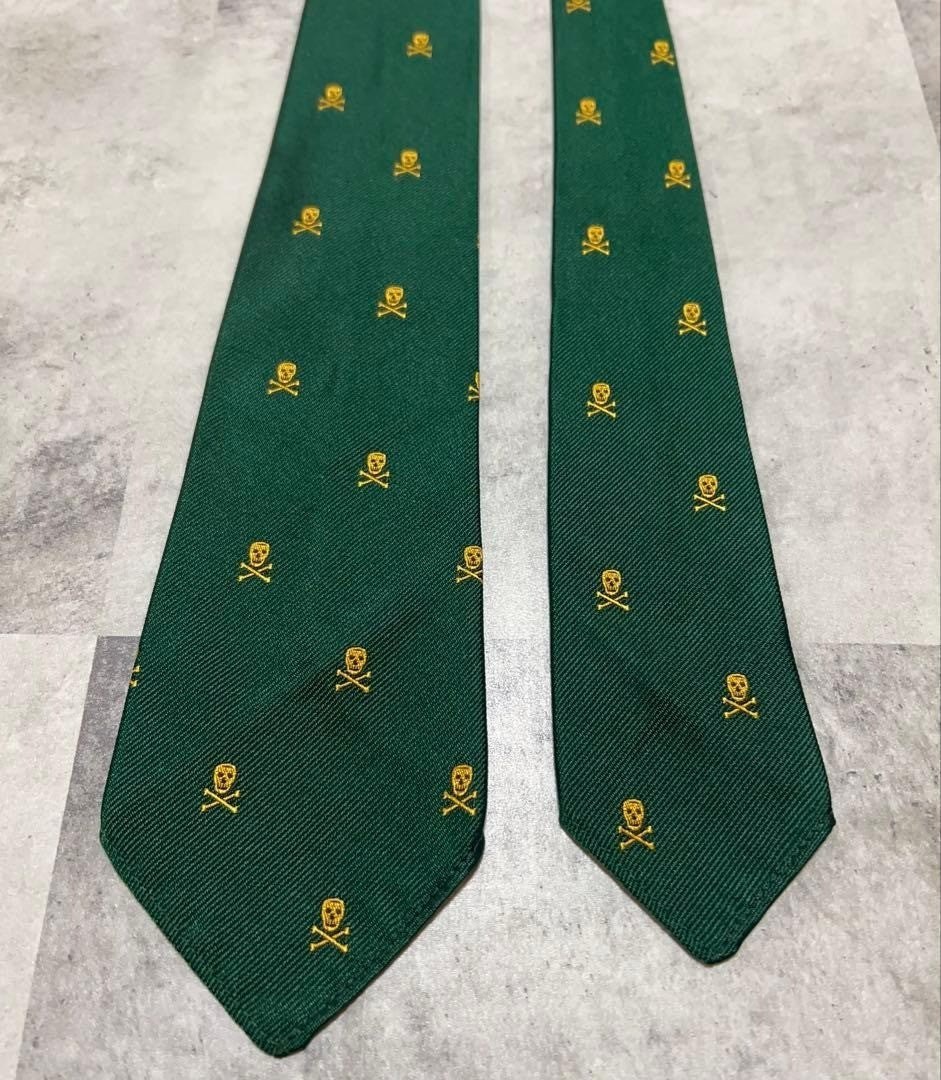 Ralph Lauren Rugby Skull Crossbones Green Silk Necktie Rare Discontinued Mint