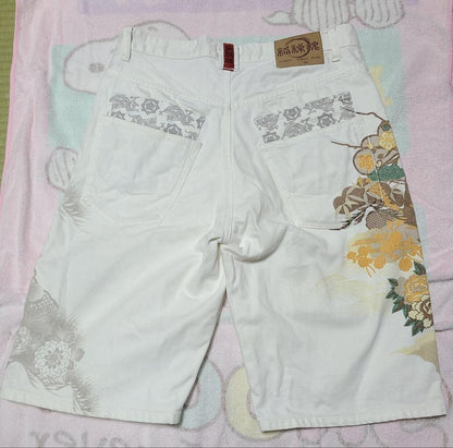Karakuri Tamashii Men's Denim Jeans Half Pants Crane Embroidered White Size 36