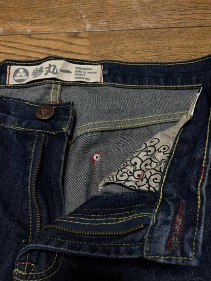 Used SANMARUICHI Denim Jeans Pants Sakura Floral Embroidered Blue Size 32 Ex+