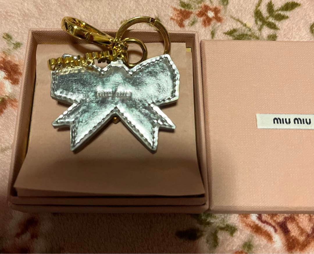 MIU MIU Logo Bar Ribbon Rhinestone Gold Tone Key Ring Holder Bag Charm Used
