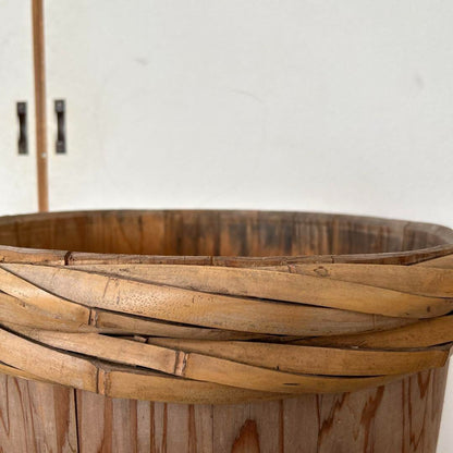 Showa retro sake barrel, empty, large wooden barrel, vintage.