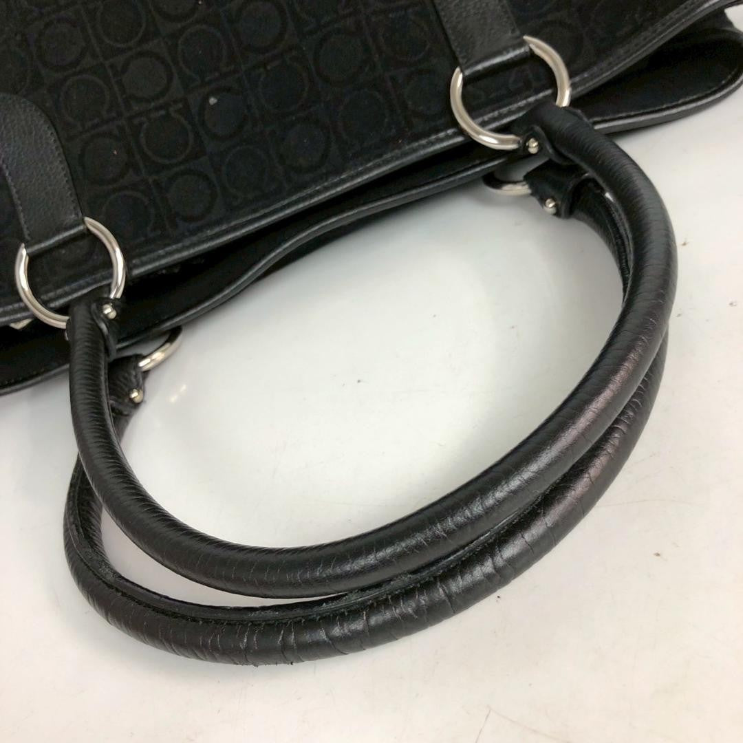 Salvatore Ferragamo Hand Bag Tote Purse Gancini Leather Black Authentic
