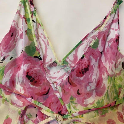 Vintage Betsey Johnson Floral Chiffon Camisole Slip Asymmetric Hem Pink Green