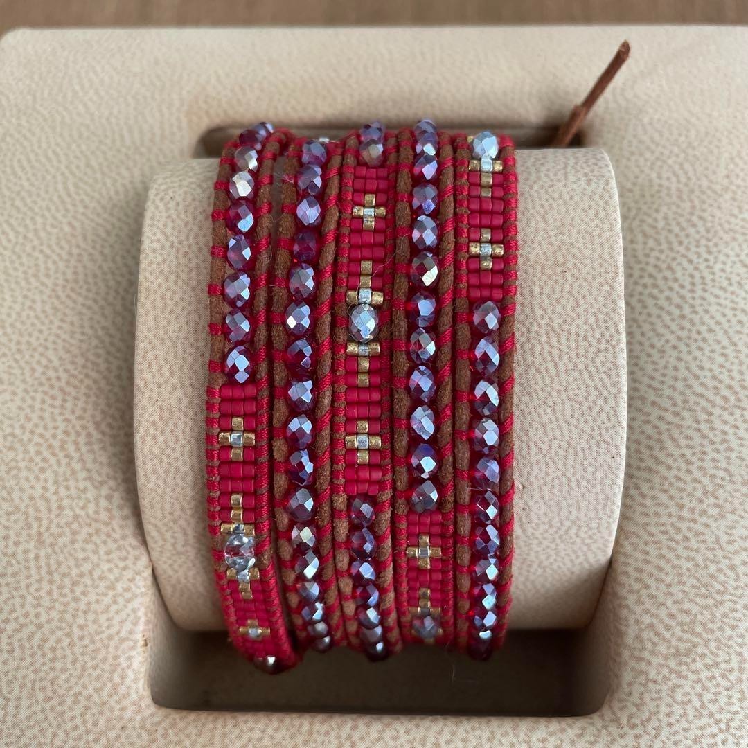 Chan Luu Red Bead Leather Wrap Bracelet 5Row with Accessory Bag