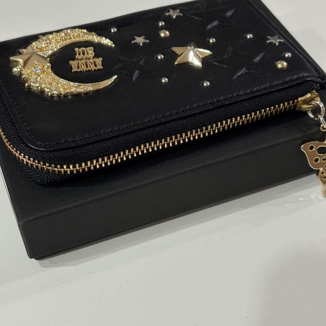 Anna Sui Moon Star Coin Case Black Pass Case 2 Pockets Used with Box from Japan