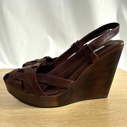 Rare Miu Miu Brown Leather Wedge Sandals 38.5 EU Beautiful Condition