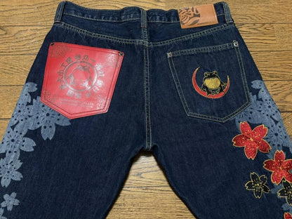 Used SANMARUICHI Denim Jeans Pants Sakura Floral Embroidered Blue Size 32 Ex+