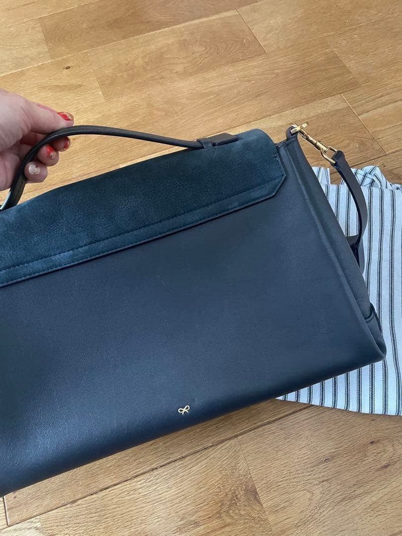 ANYA HINDMARCH Heart Shoulder Bag Navy Silk Calf Suede Leather