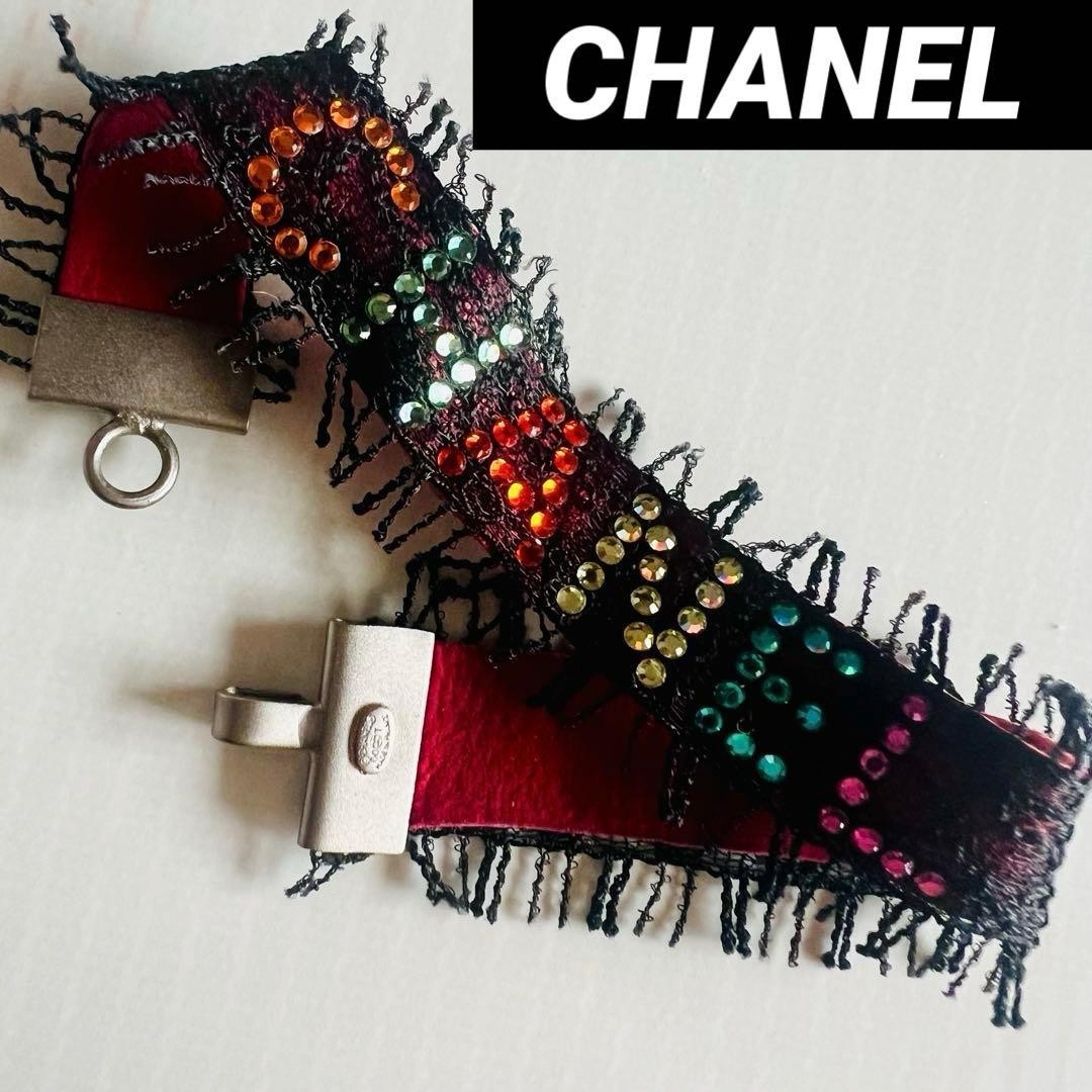 CHANEL Logo Bracelet 00C Leather Lace Rhinestone Black Red Rare Vintage France