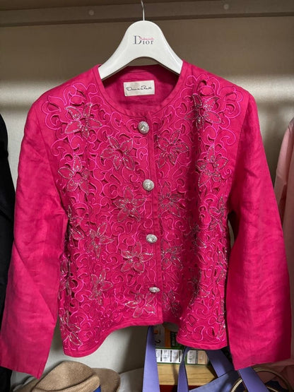 Oscar de la Renta Pink 100% Linen Jacket with Embroidery, Size M