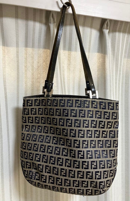 FENDI Zucca Tote Shoulder Bag Navy Beige Canvas Leather Logo Print Vintage Japan