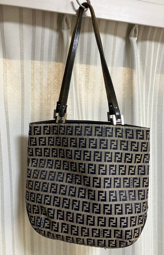 FENDI Zucca Tote Shoulder Bag Navy Beige Canvas Leather Logo Print Vintage Japan