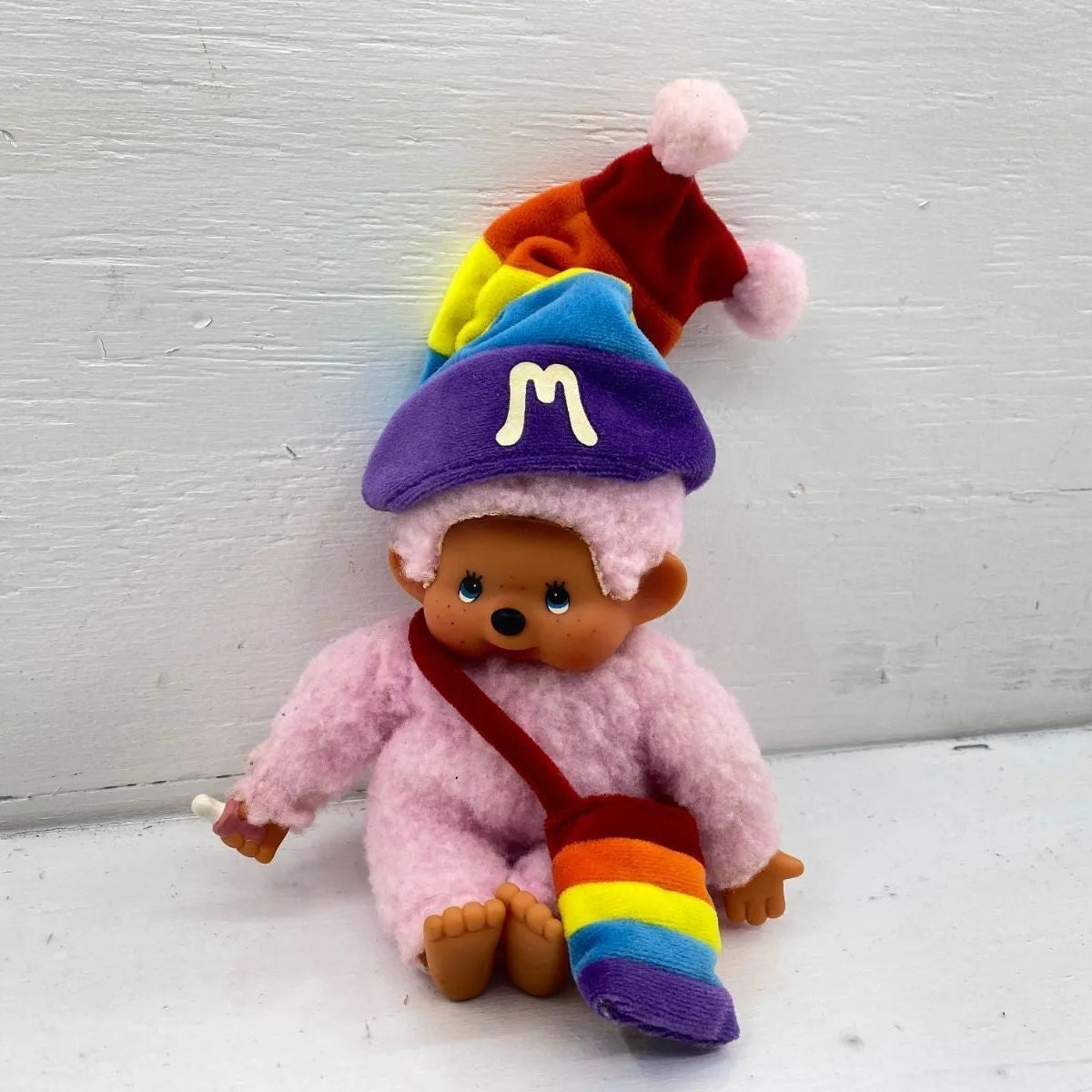 Monchhichi Plush Toy Rainbow Pink Size S Released in 2000 Blue Eyes Vintage