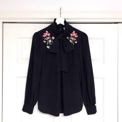 Kate Spade Floral Embroidery Ribbon Silk Blouse Kate Spade