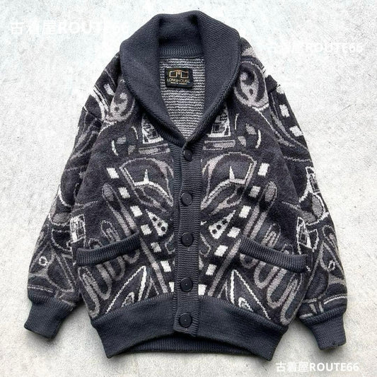 VINTAGE LONGHOUSE Thick Knit Cardigan Sweater Black L