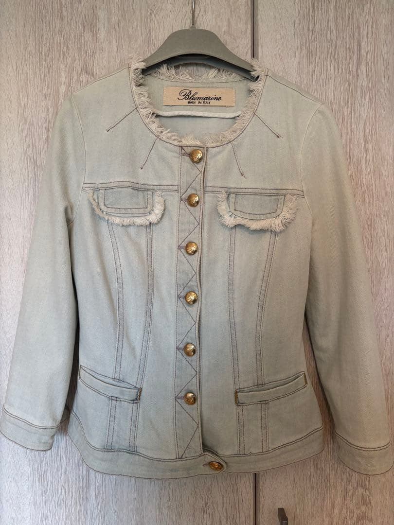 Blumarine Denim No-Collar Jacket with Fringe & Gold Buttons, Size M