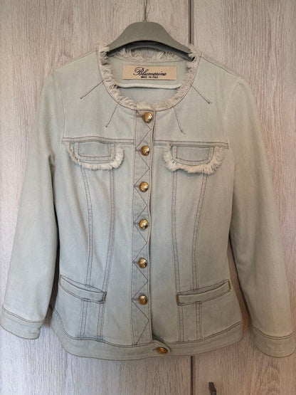 Blumarine Denim No-Collar Jacket with Fringe & Gold Buttons, Size M