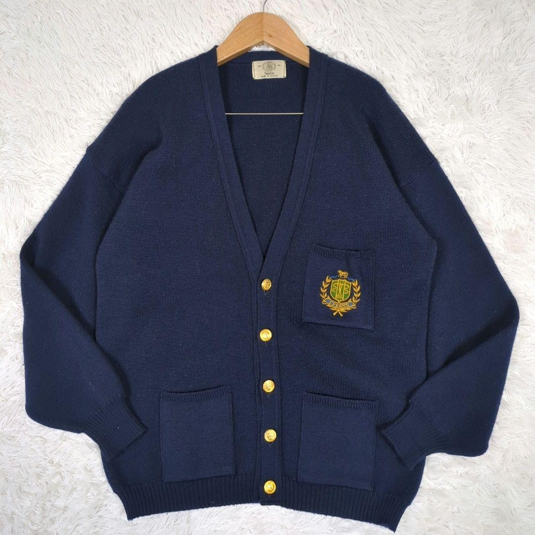 J.PRESS Wool 100% Cardigan Gold Button Emblem Embroidery Navy L From Japan