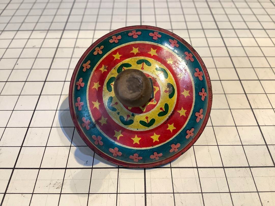 Vintage Japanese Tin Toy Spinning Tops Set of 5, 55mm, Collector's Item