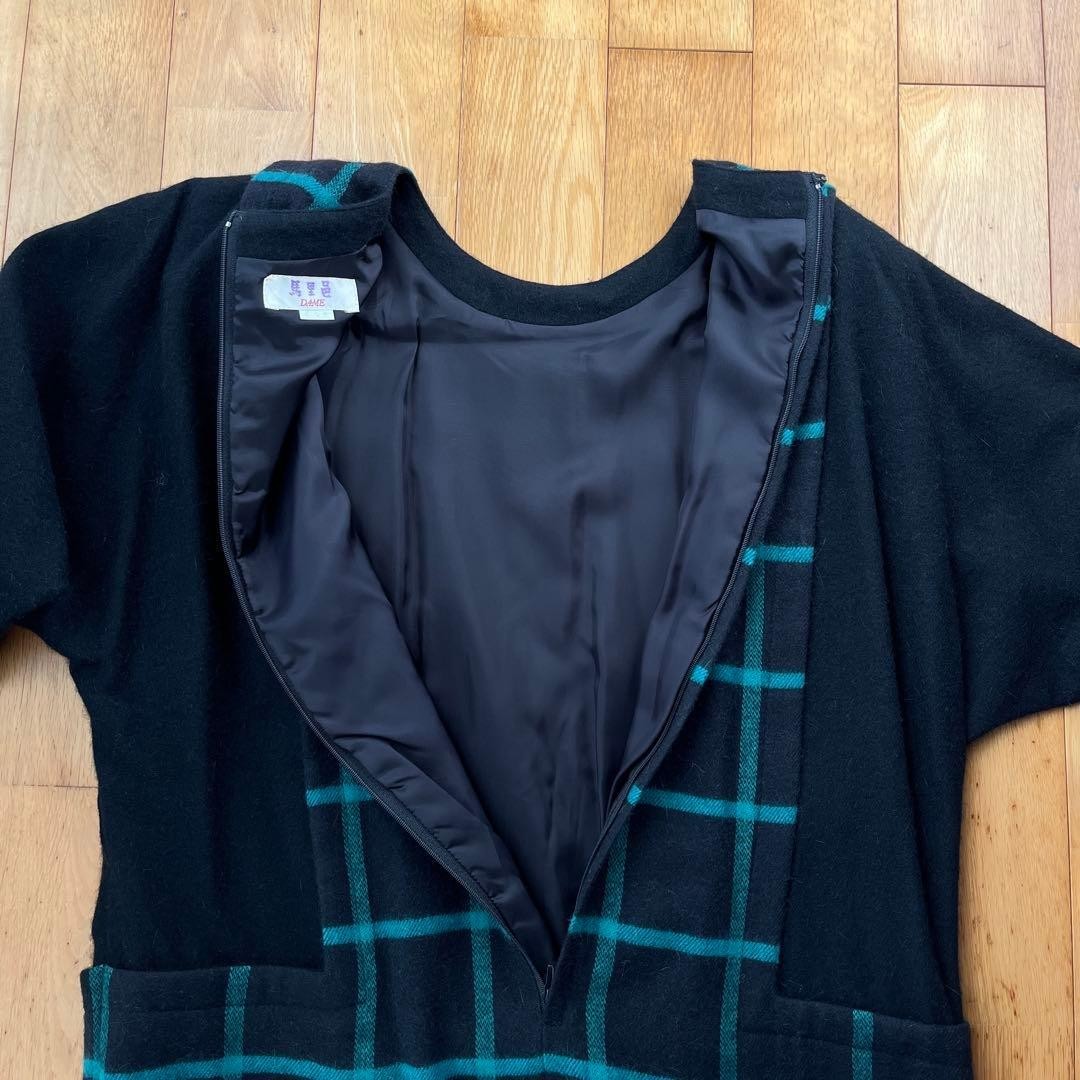 Mari Mura Black Turquoise Check Dress Wool Retro Mari Mura