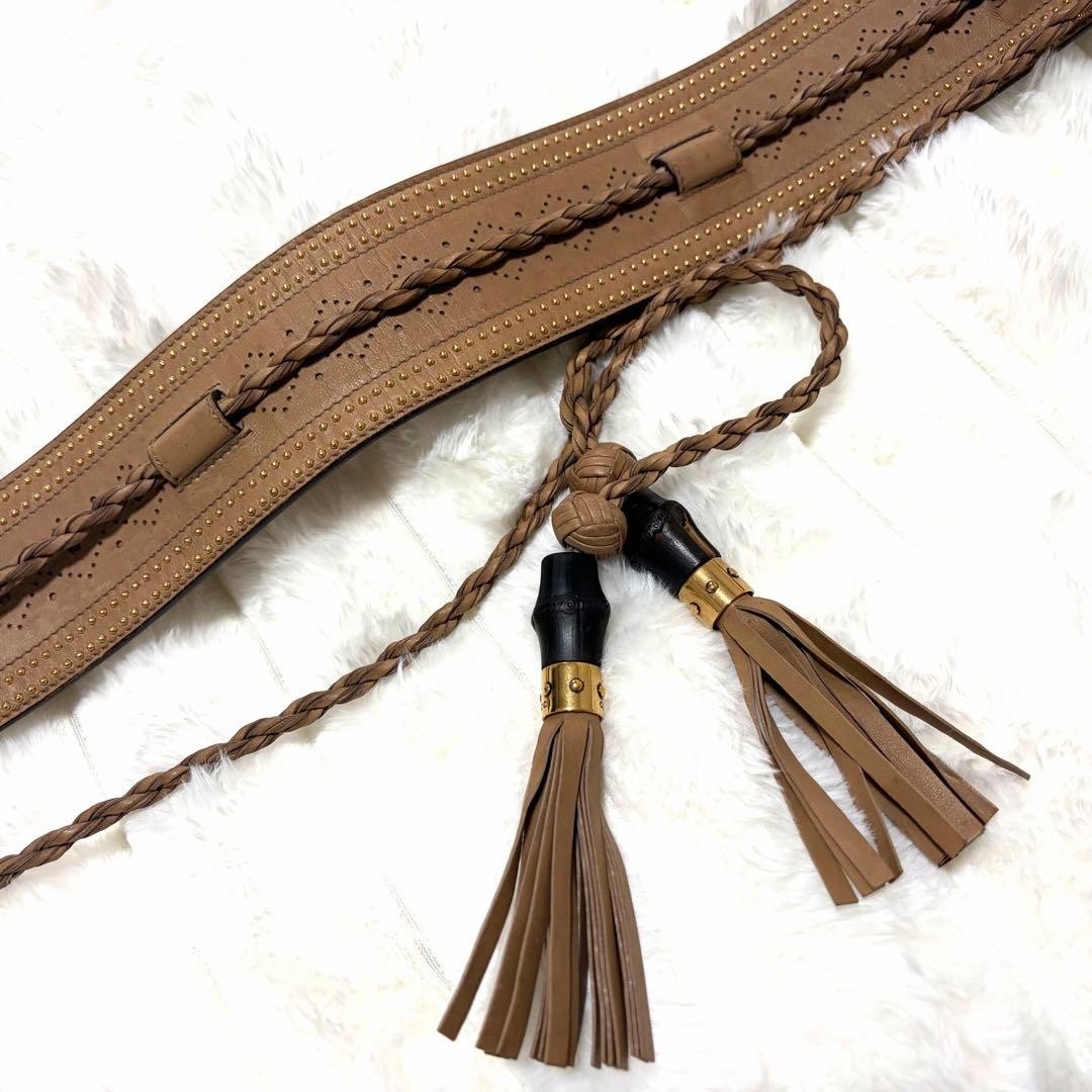 Ultra Rare GUCCI Bamboo Tassel Wrap Sash Belt Perforated Brown Leather Italy