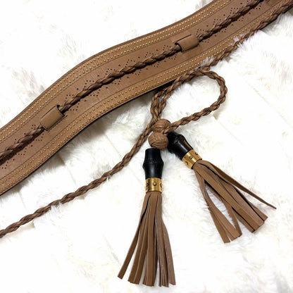 Ultra Rare GUCCI Bamboo Tassel Wrap Sash Belt Perforated Brown Leather Italy
