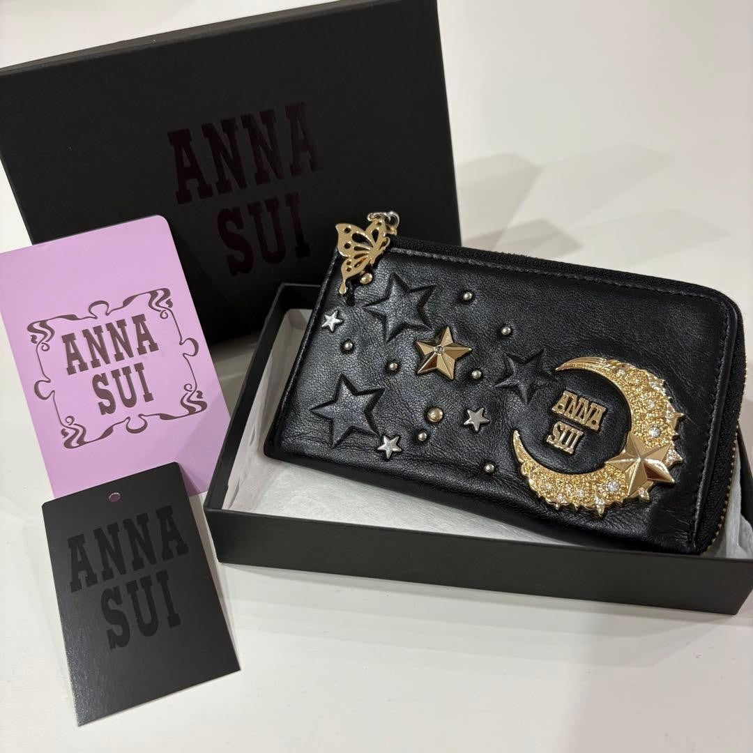 Anna Sui Moon Star Coin Case Black Pass Case 2 Pockets Used with Box from Japan