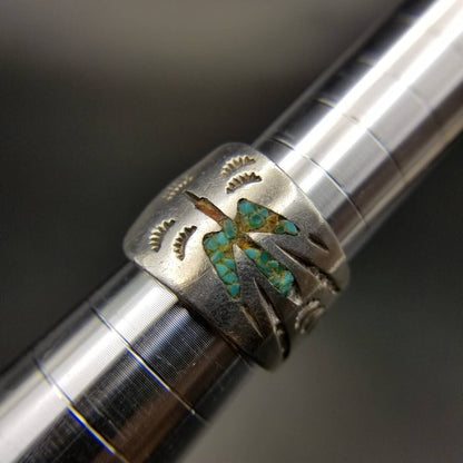 Thunderbird Crushed Turquoise Inlay 925 Silver Vintage Wrap Ring
