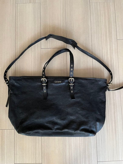 Lacoste Women Black Leather Tote Bag Shoulder Limited Edition Rare french Fashio