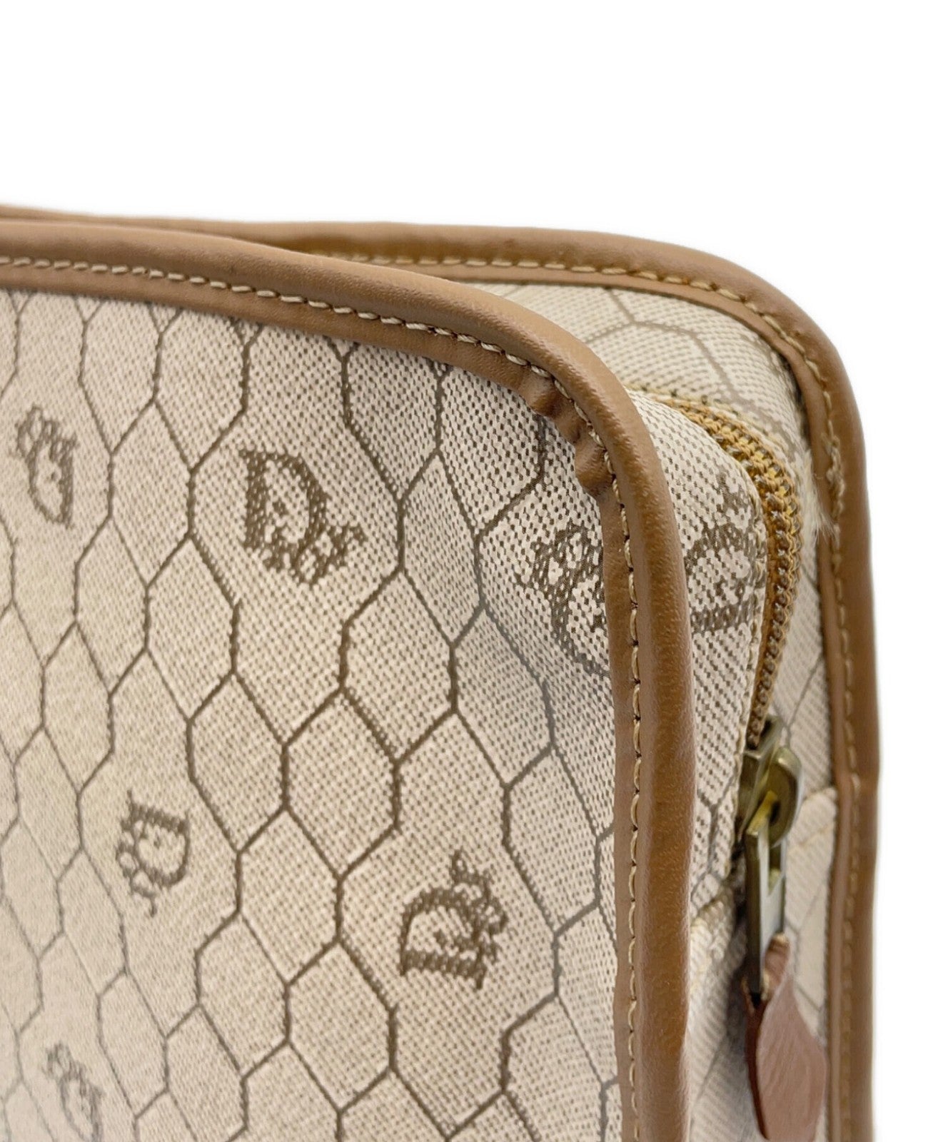 Dior Honeycomb Clutch Bag Beige Canvas Leather Vintage Authentic
