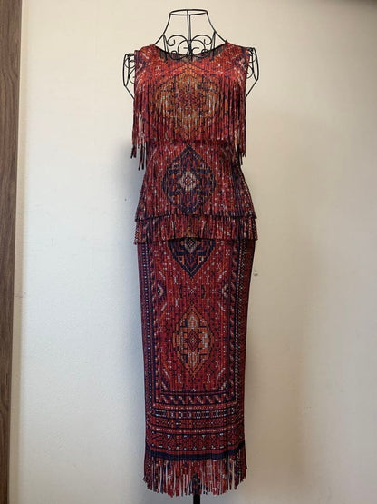 ISSEY MIYAKE PLEATS PLEASE Print Fringe Sleeveless Top Long Skirt Set Up from JP