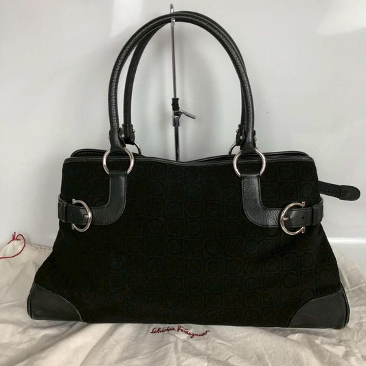 Salvatore Ferragamo Hand Bag Tote Purse Gancini Leather Black Authentic
