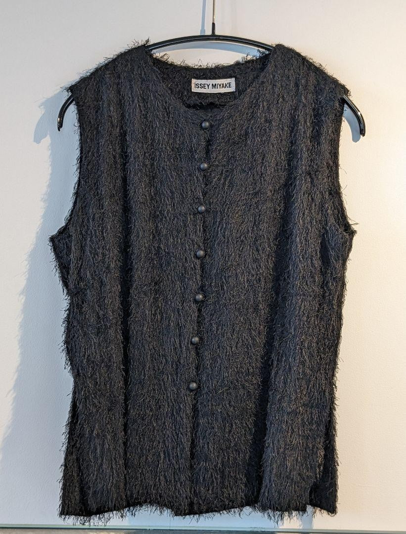 USED ISSEY MIYAKE BLACK FRONT FRINGE TANK TOP GILET GOOD M-7E6C