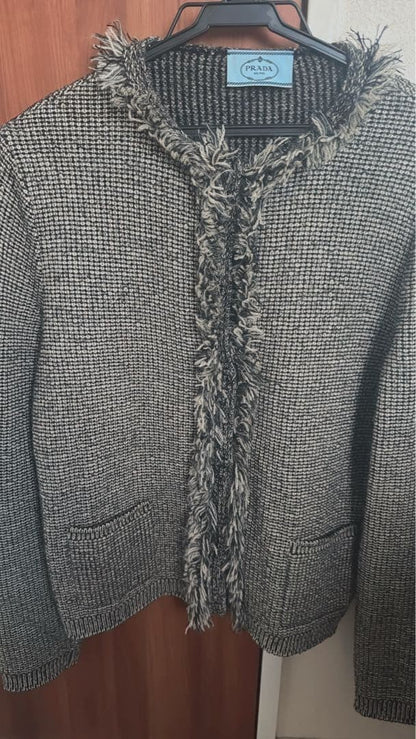 PRADA Cardigan Fringe Design Wool Black White Size S Stylish Chic