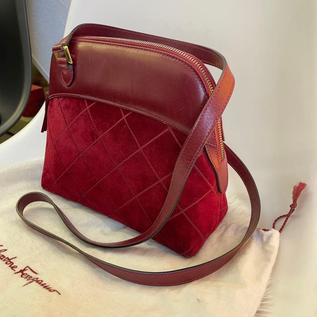 Ferragamo Suede Shoulder Bag Red Women Made in Italy Authentic from JAPAN