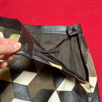 VALENTINO Leather Patchwork Tight Skirt Brown Waist 32cm Length 59cm Women