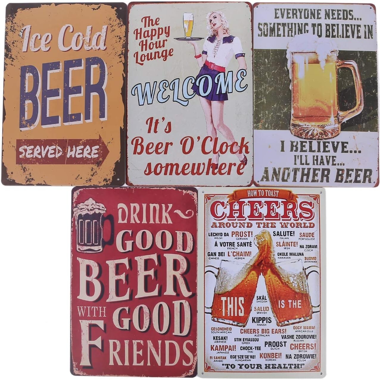 HWT HIRO WORLD TRADE Tinplate Sign, set of 5, retro vintage wall hanging (beer)
