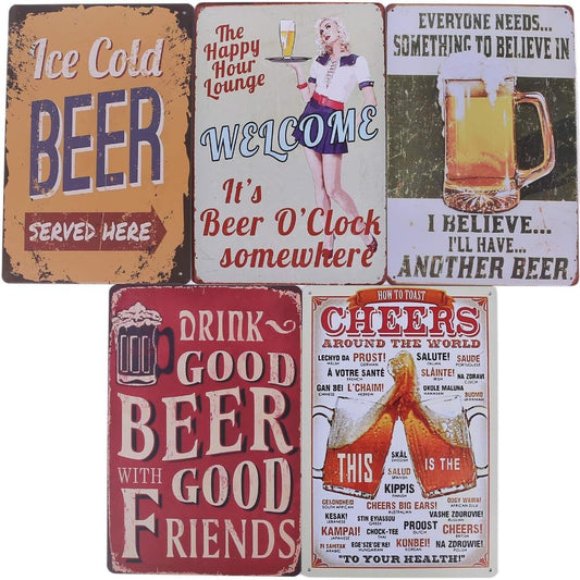HWT HIRO WORLD TRADE Tinplate Sign, set of 5, retro vintage wall hanging (beer)