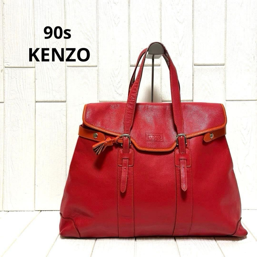 KENZO Vintage 90s Red Leather Tote Bag Large Handbag Shoulder Bag Japan Rare