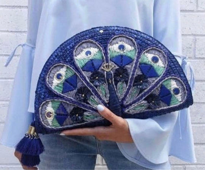 Kate Spade New York Peacock Clutch Bag Straw Full Plume Blue