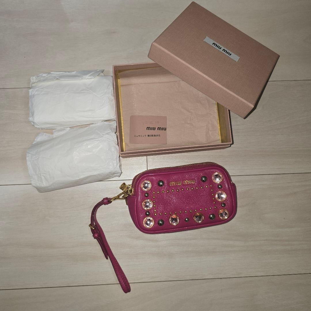 MIU MIU Pink leather mini poach Woman's Ladies studs stone authentic zip JAPAN