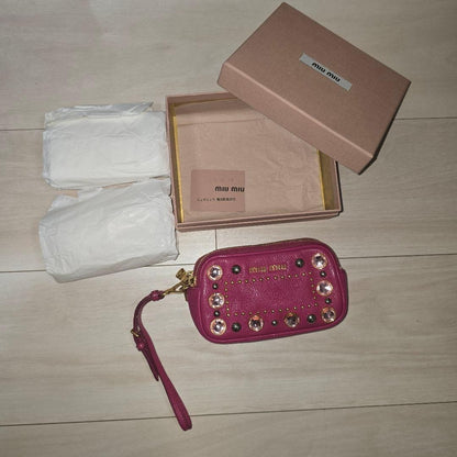 MIU MIU Pink leather mini poach Woman's Ladies studs stone authentic zip JAPAN