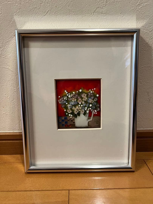 Cloisonné enamel wall decoration vase, Showa retro style, with framed painting.