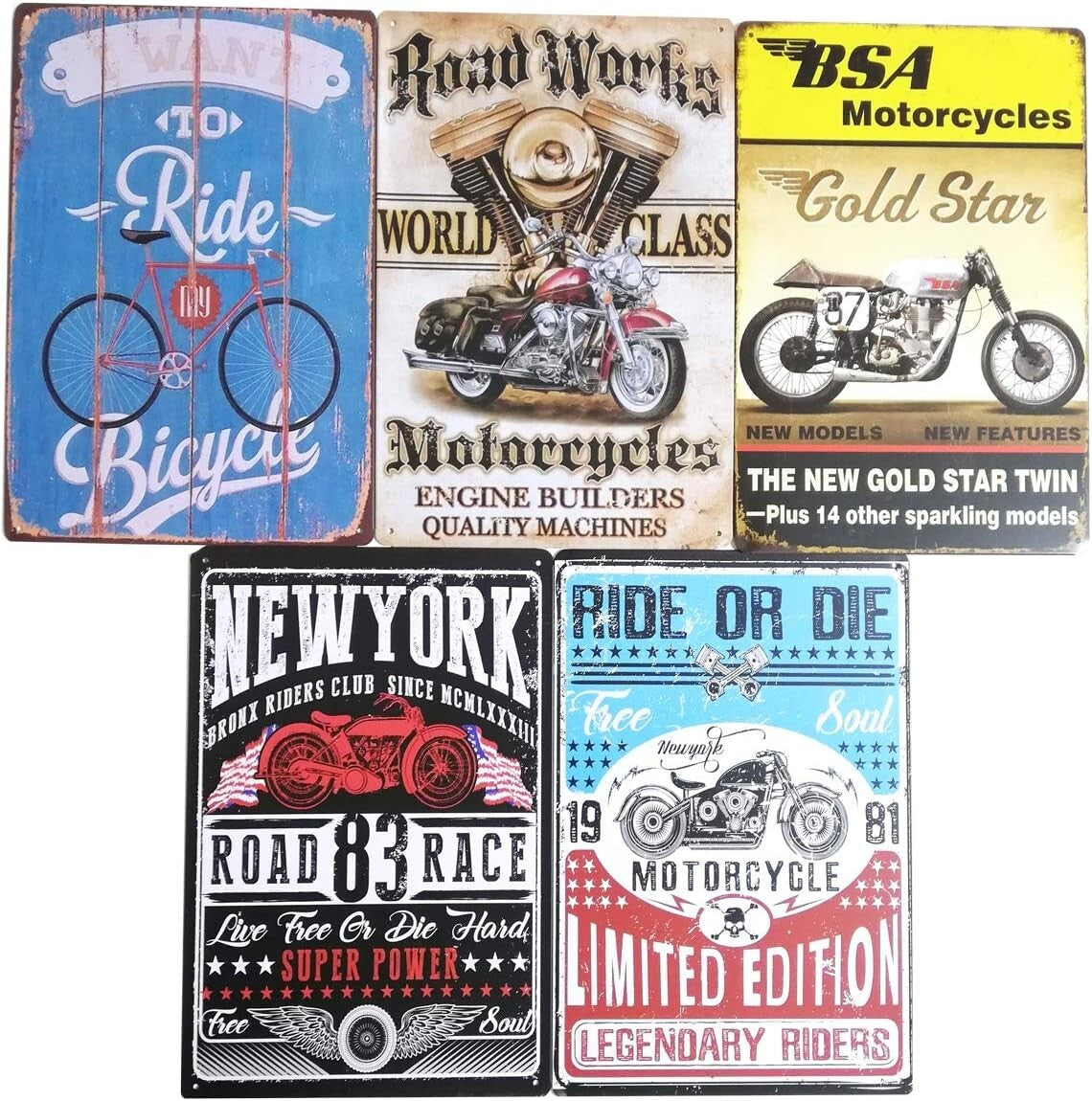 HWT HIRO WORLD TRADE tinplate sign, motorcycle, set of 5, diner, retro, vintage.