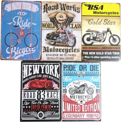 HWT HIRO WORLD TRADE tinplate sign, motorcycle, set of 5, diner, retro, vintage.
