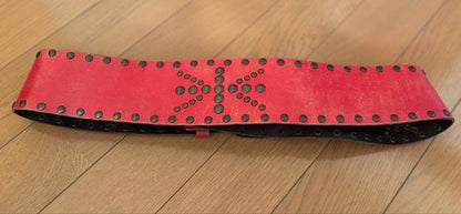Diesel Women Red Studded Decorative Leather Belt Wide Design Luxury Classic ITA