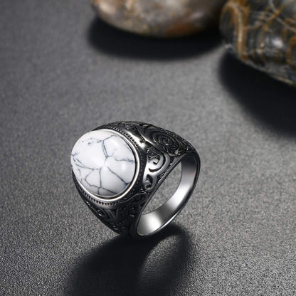 Turquoise signet ring, stainless steel ring, fashion accessory, white, silver